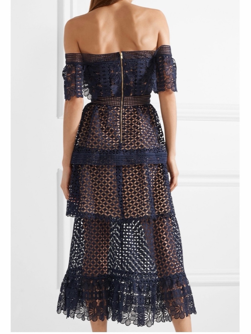 Self-Portait Navy Guipure Lace (Retail $975CAD) Off-Shoulder Midi Dress - Picture 4 of 7